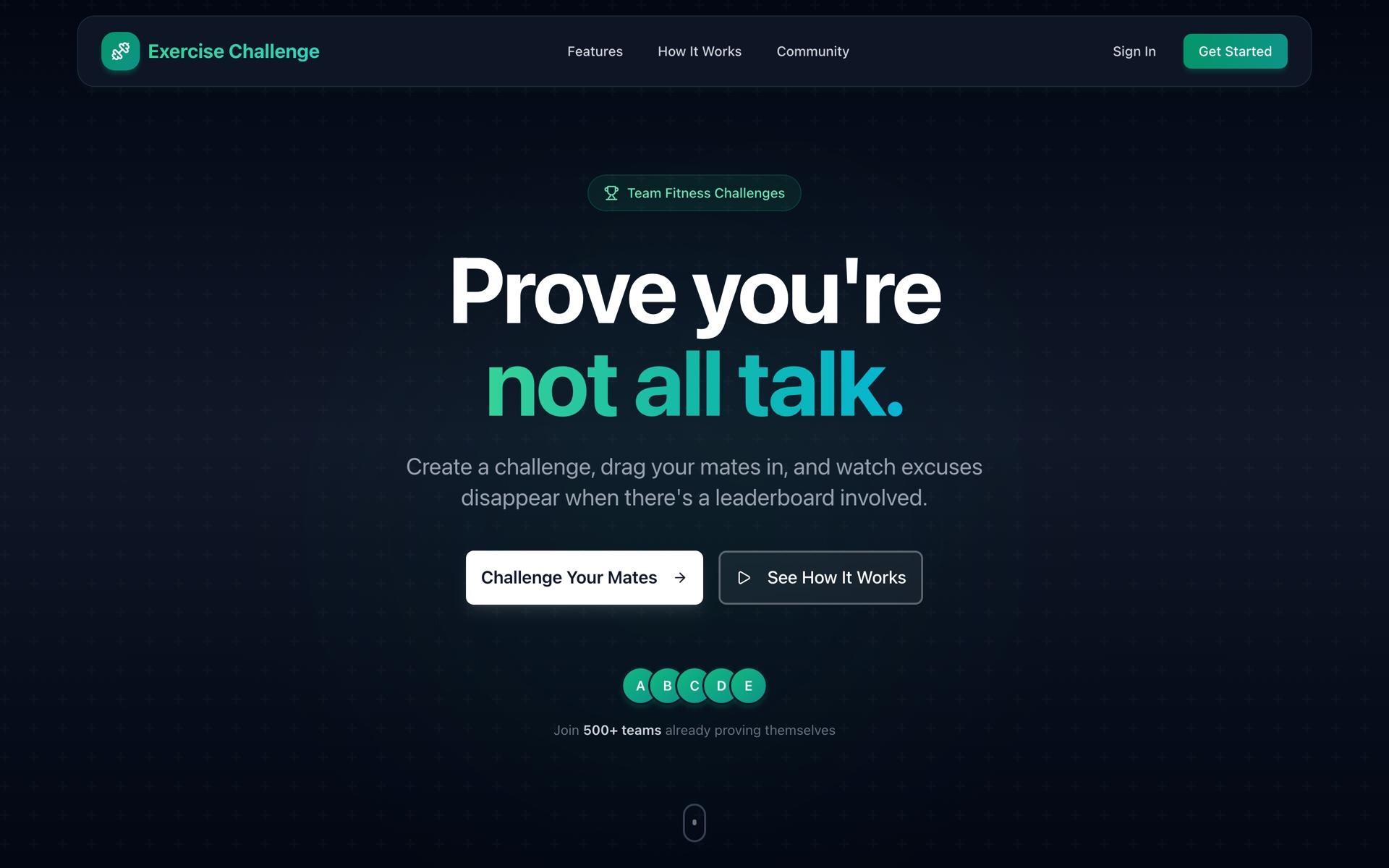 Exercise Challenge App landing page, a product I built and run